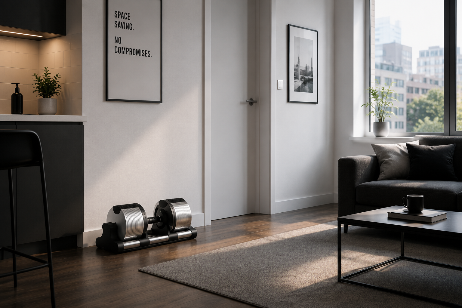 Zephyrus dumbbell stored neatly in a compact living space